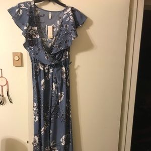 Flowery Long Blue Dress